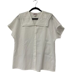 Judy Bond Blouse‎ White Womens Size 12 Floral Embroidered Collar Short Sleeve